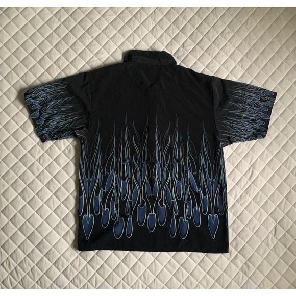Y2K VTG Dragonfly Graphic Black & Blue Flame‎ Button Up Shirt Sz L Streetwear - Picture 2 of 3
